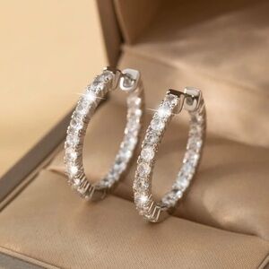 Cubic Zirconia Decor Hoop Earrings Silver color